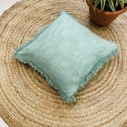 Solid Green Boho Style Handcrafted Cushion Cover