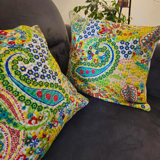 Green Paisley Floral Kantha Work Cushion Cover – Handmade