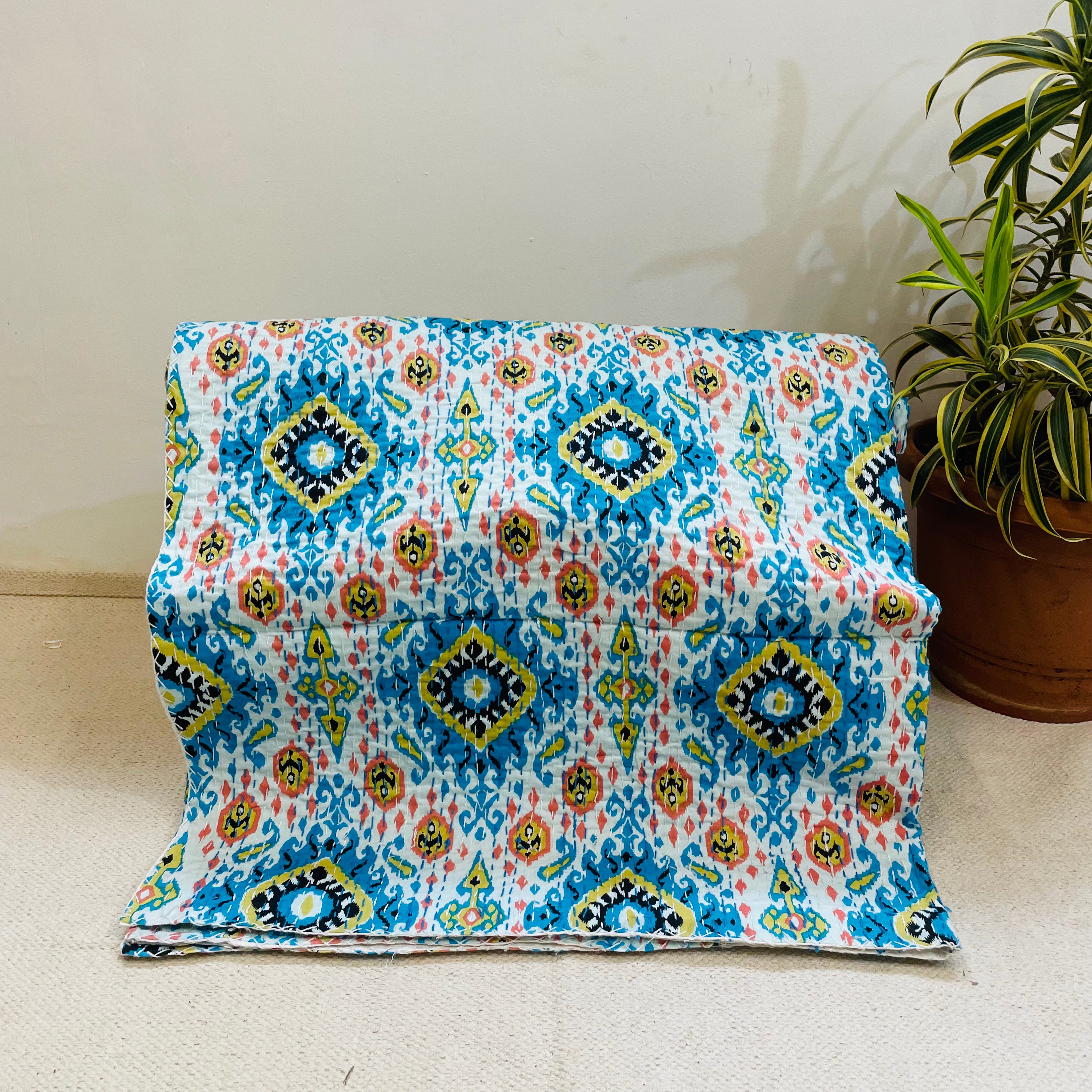 White and Sky Blue Diamond Print Kantha Bedcover | Handmade & Elegant