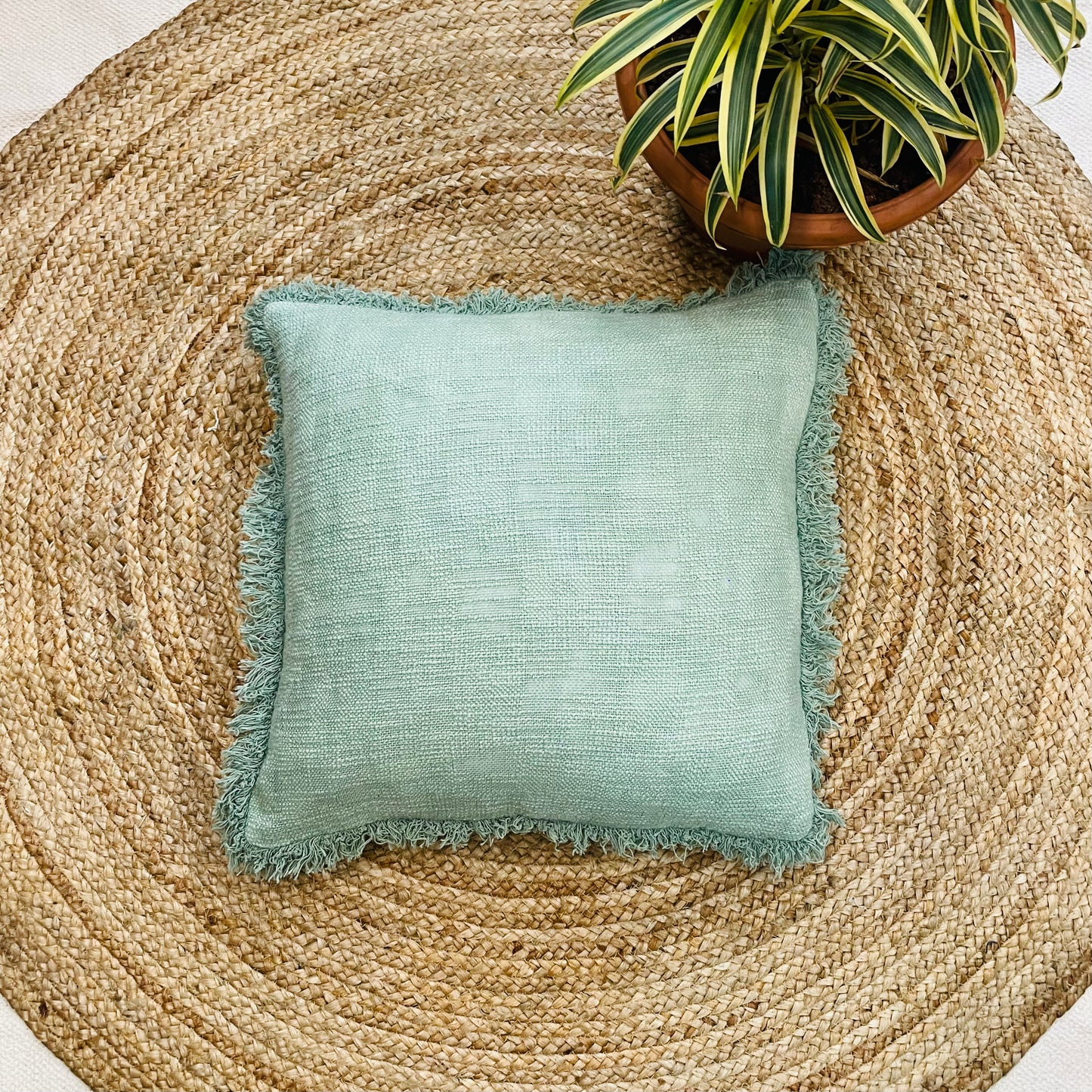 Solid Green Boho Style Handcrafted Cushion Cover