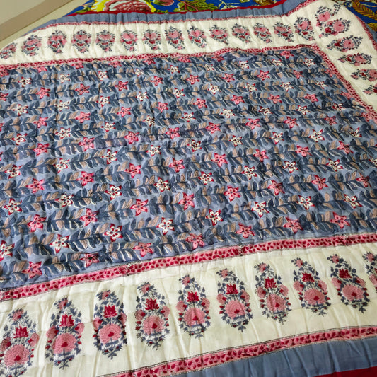 Grey And White Floral Print Super Soft Baby Quilt With Plain Red Border