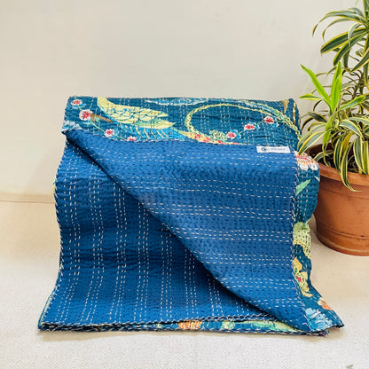 Handmade Blue Tropical Bird Kantha Bedcover