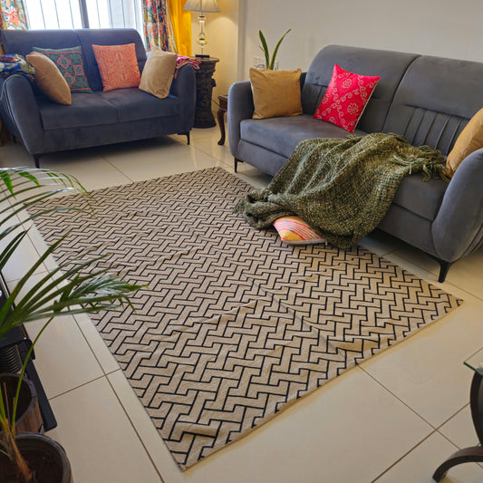 Black and White Cotton Rug with Brick Pattern | Handwoven Dhurrie Carpet