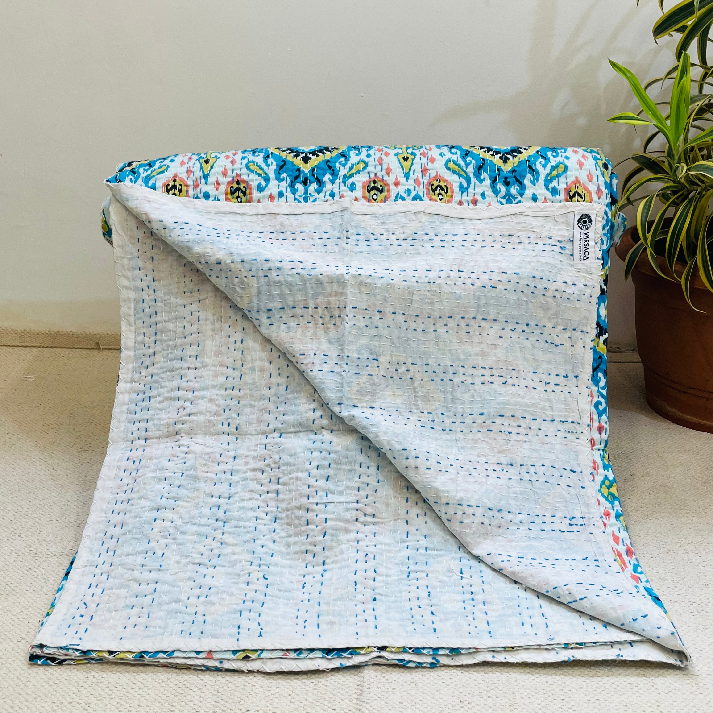 White and Sky Blue Diamond Print Kantha Bedcover | Handmade & Elegant