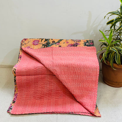 Hand-Stitched Salmon Pink Floral Kantha Bedcover