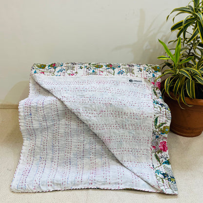 White Kantha Bedcover with Multicolor Floral Print | Handmade & Elegant