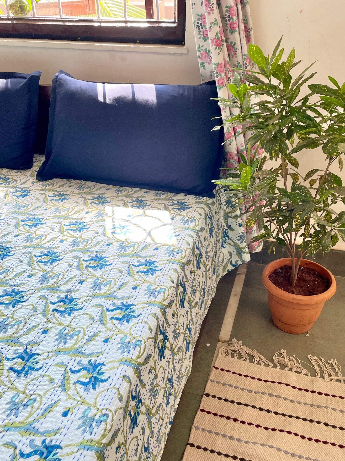 White Base Kantha Bedcover with Blue & Green Floral Motifs | Handmade & Elegant