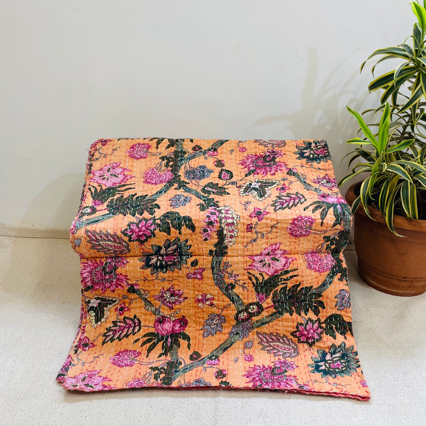 Hand-Stitched Salmon Pink Floral Kantha Bedcover