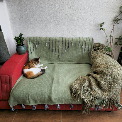 Green Handwoven Sofa Cover with Black Thread Embroidery & Tassels