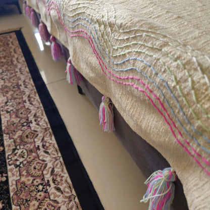 Handwoven Beige Slub Cotton Sofa Cover with Embroidered Waves and Tassels