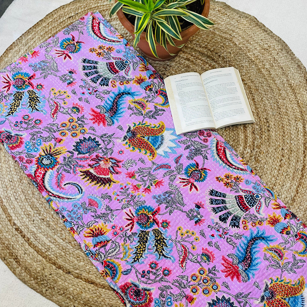 Pink Abstract Dragon Print Kantha Bedcover | Handmade & Artistic