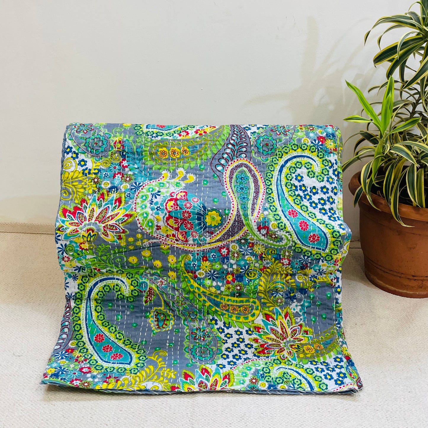 Grey and Green Paisley Print Kantha Bedcover | Handmade & Elegant