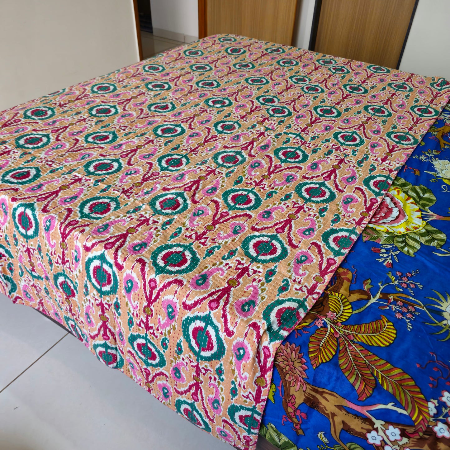 Peach Color Kantha Work Ikkat Print Single Bedcover