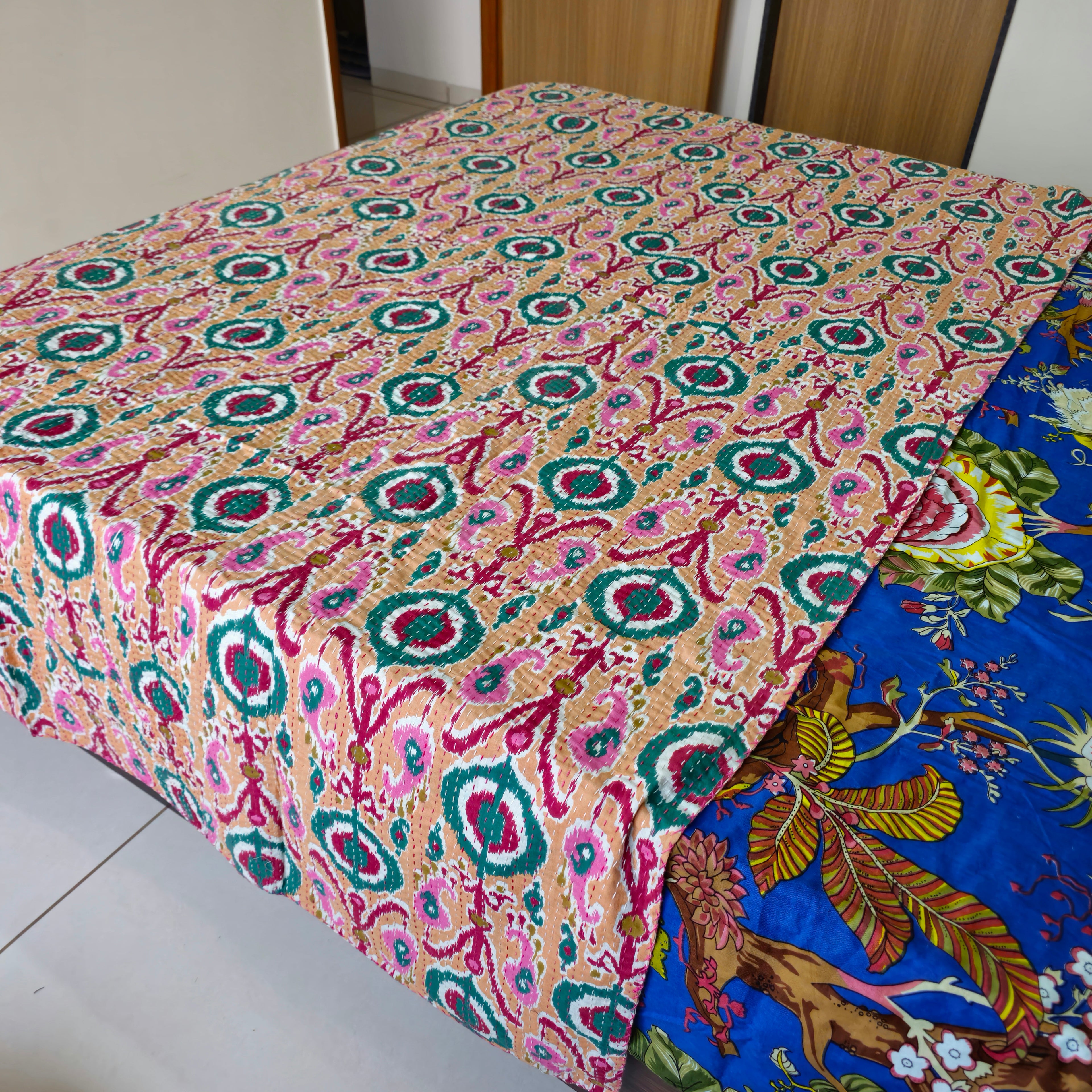 Peach Color Kantha Work Ikkat Print Single Bedcover