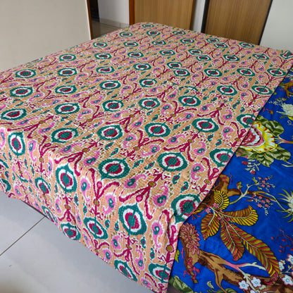 Peach Color Kantha Work Ikkat Print Single Bedcover