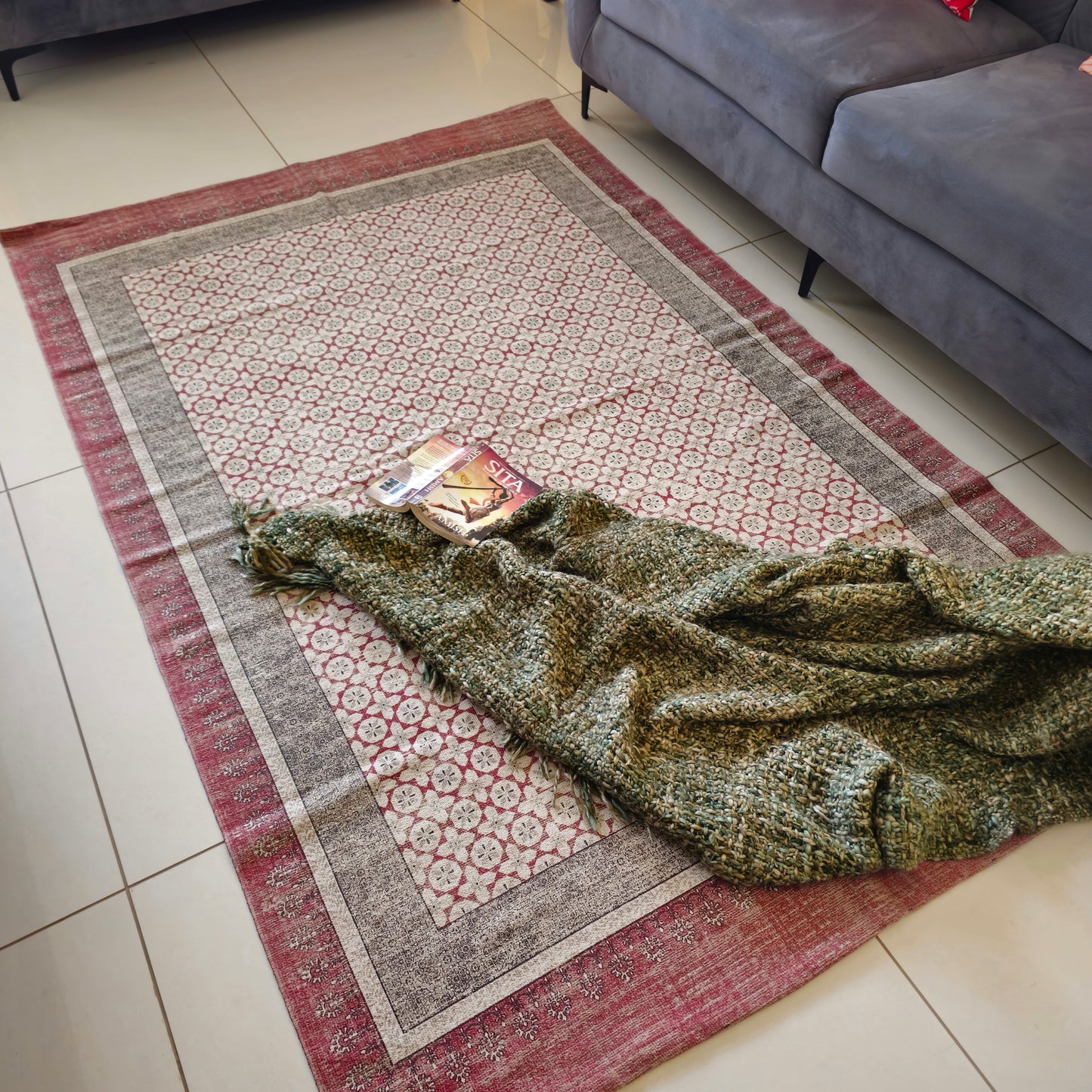 Maroon and Black Cotton Rug with Geometric Floral Motif | Handwoven Dhurrie Carpet