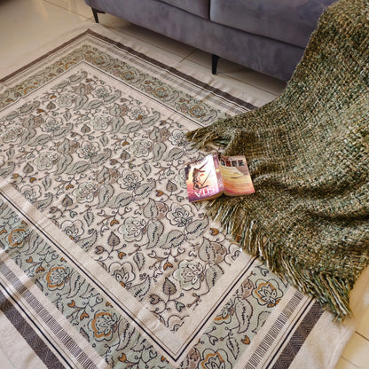 White and Green Cotton Rug with Large Floral Motif | Handwoven Dhurrie Carpet