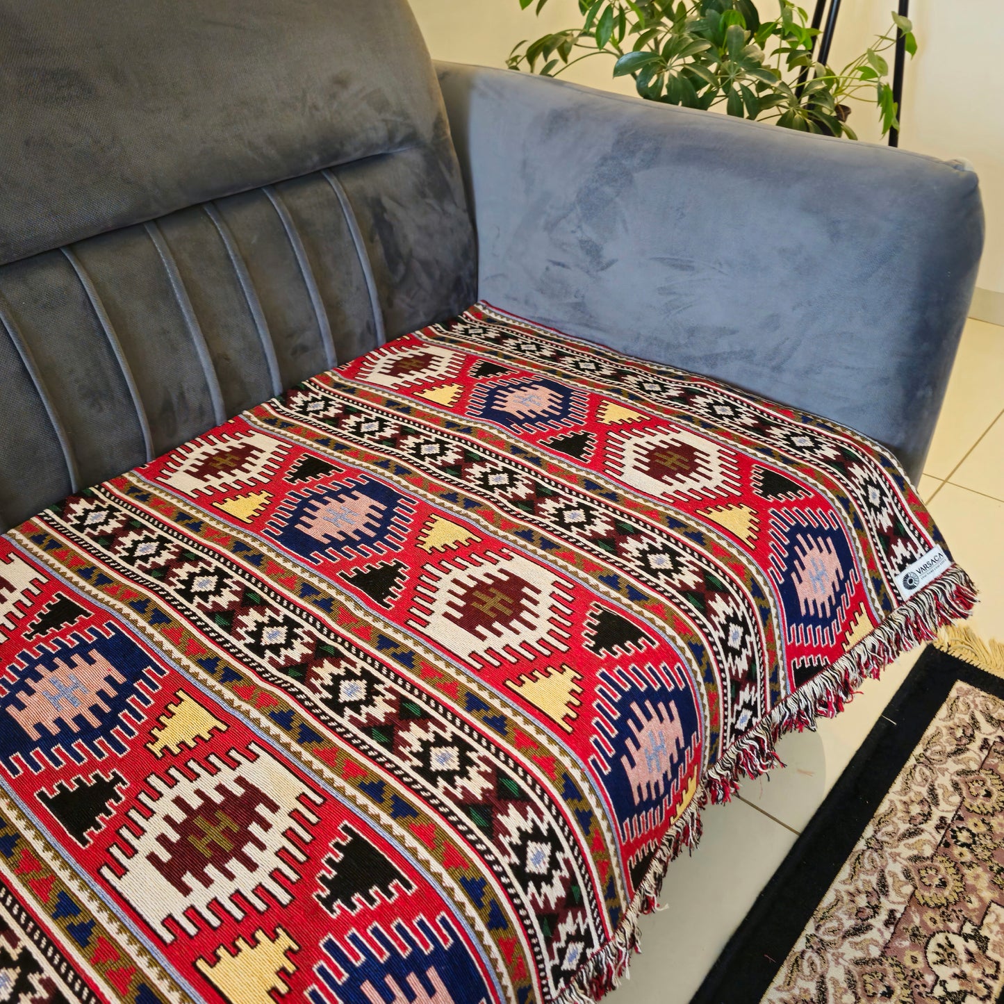 Red and Blue Geometrical Print Sofa Cover | Bold & Stylish Design