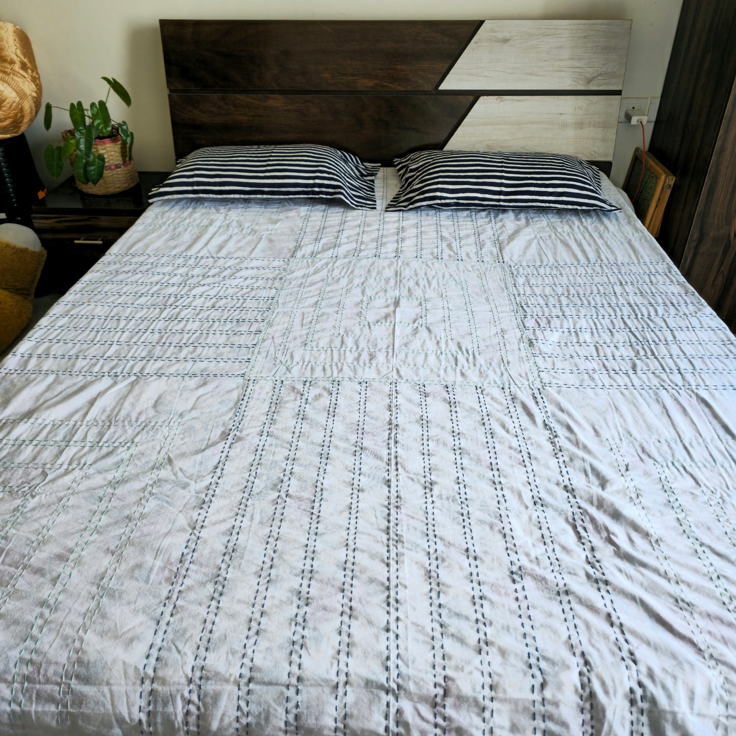 White Thread Work Kantha Bedsheet with 2 Pillow Covers – Pure Cotton