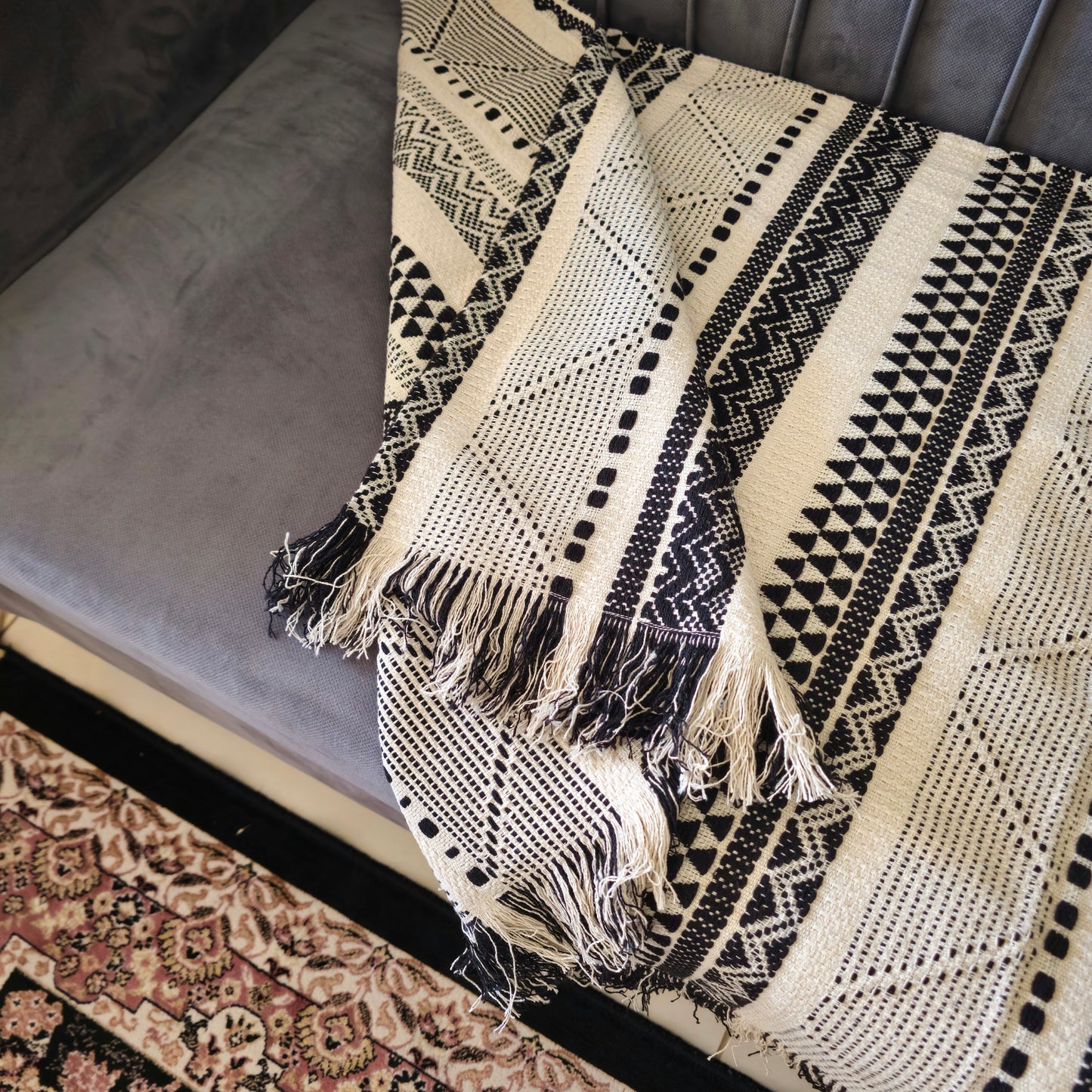 Black and White Boho Handwoven Cotton Sofa Cover – Stylish & Durable