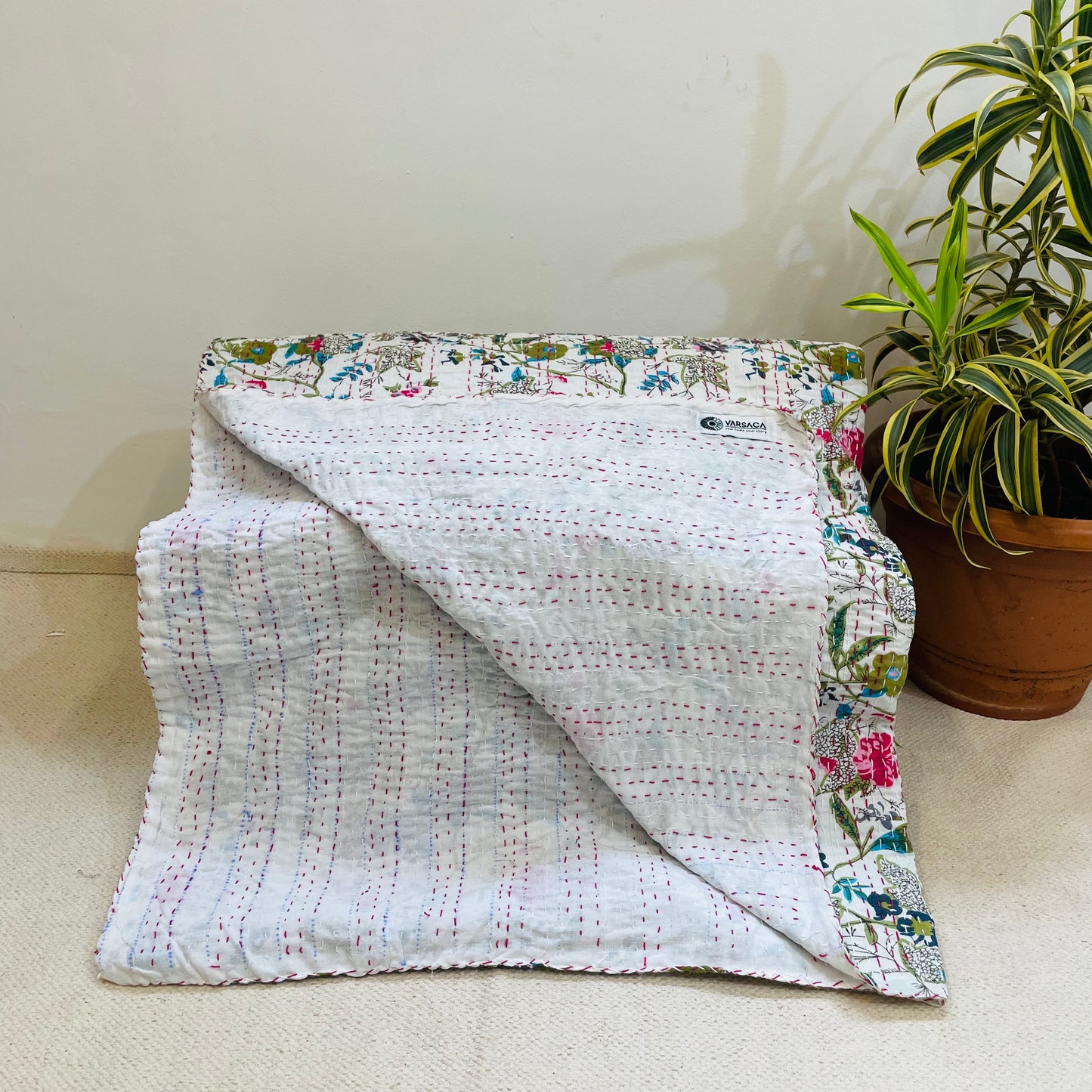 White Kantha Bedcover with Multicolor Floral Print | Handmade & Elegant