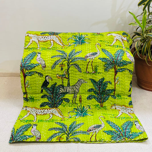 Bright Green Animal Print Kantha Bedcover | Reversible & Handmade