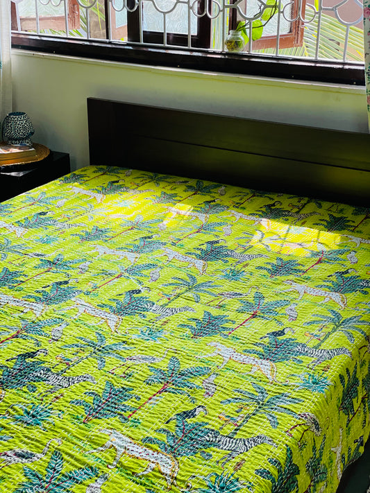 Bright Green Animal Print Kantha Bedcover | Reversible & Handmade