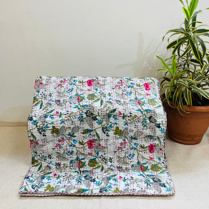 White Kantha Bedcover with Multicolor Floral Print | Handmade & Elegant