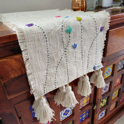 Handmade Kantha Work Slub Cotton Table Runner in Off-white Color with Embroidery and Hanging Tassels