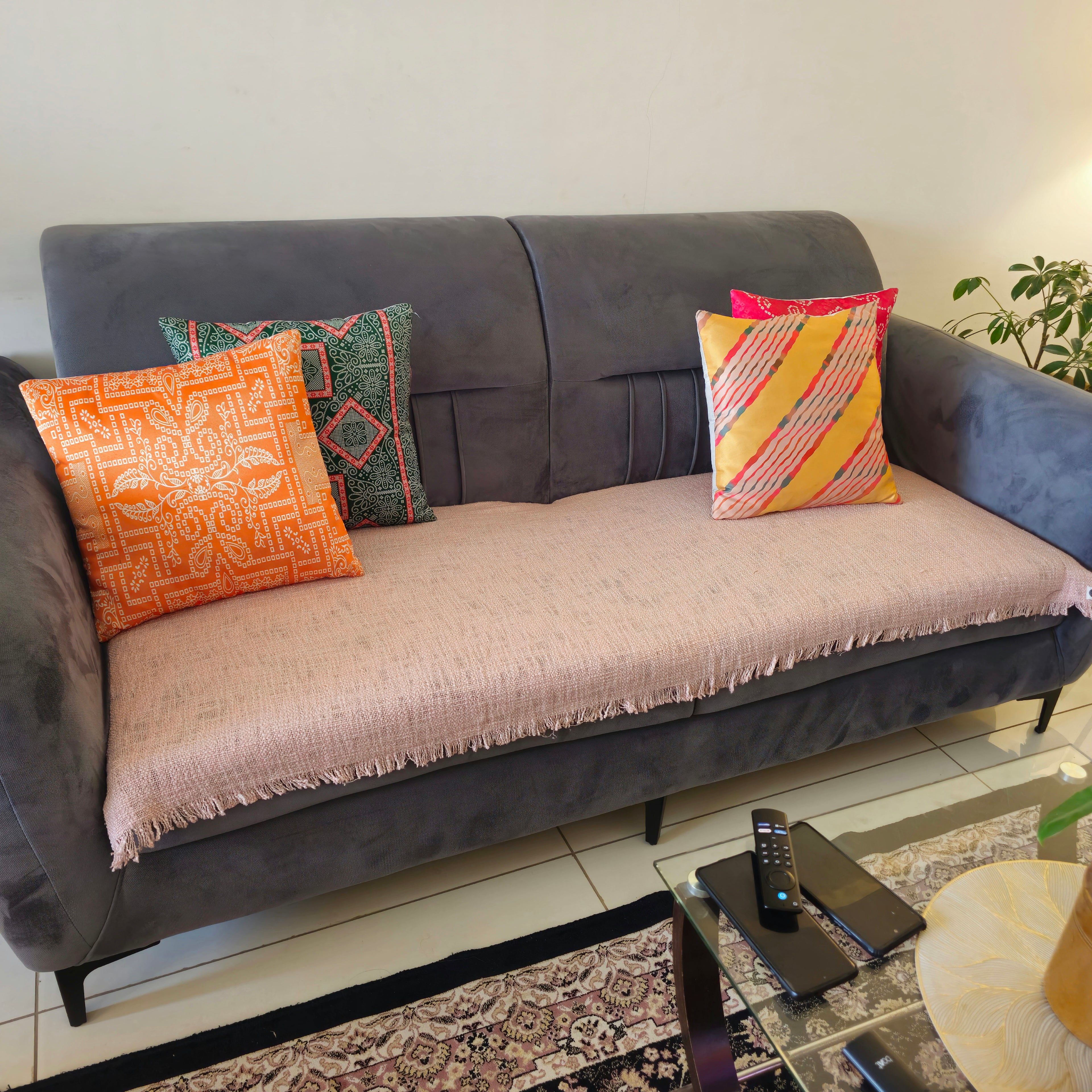Handwoven Solid Light Pink Slub Cotton Sofa Cover – Soft and Durable