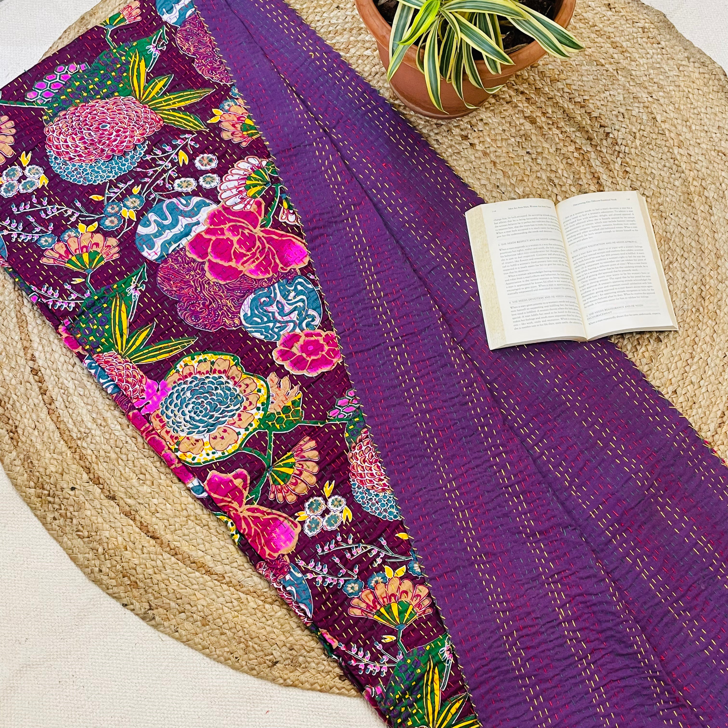Purple Abstract Fruit Print Kantha Bedcover | Reversible & Handmade