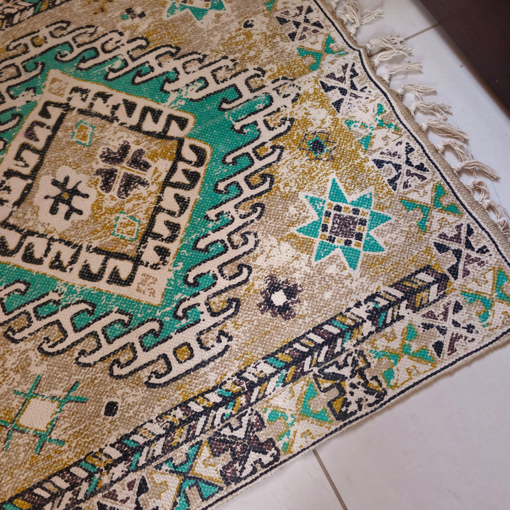 7x5 ft Light Green & Yellow Persian Pattern Cotton Dhurrie Rug – Handwoven & Stylish