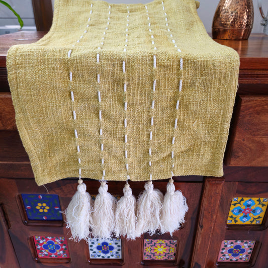 Handmade Kantha Work Slub Cotton Table Runner in Mustard-yellow Color with Threaded Lines and Hanging Tassels