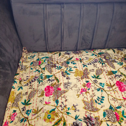 Beige Floral Kantha Sofa Cover – Handmade