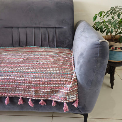 Pink Festive Sofa Cover with Tassels– Handwoven, Soft, and Durable