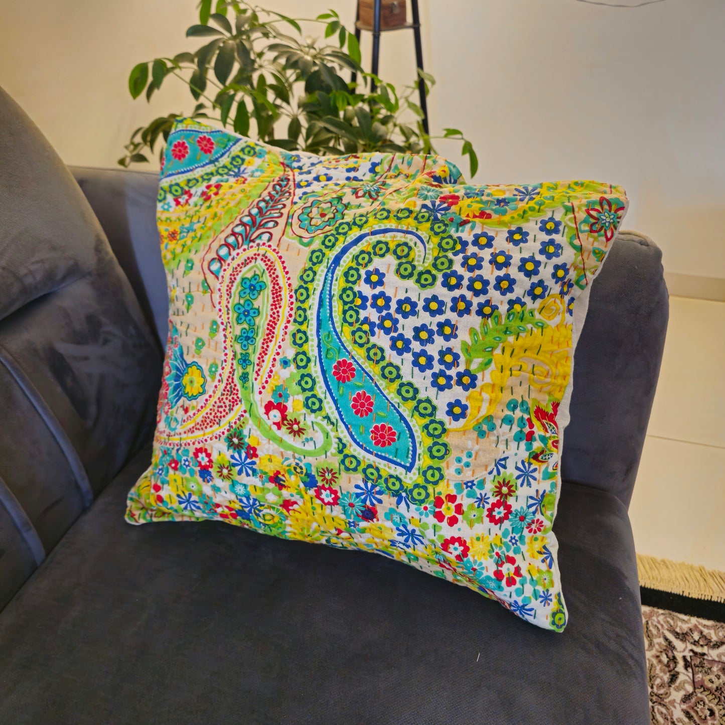 Green Paisley Floral Kantha Work Cushion Cover – Handmade