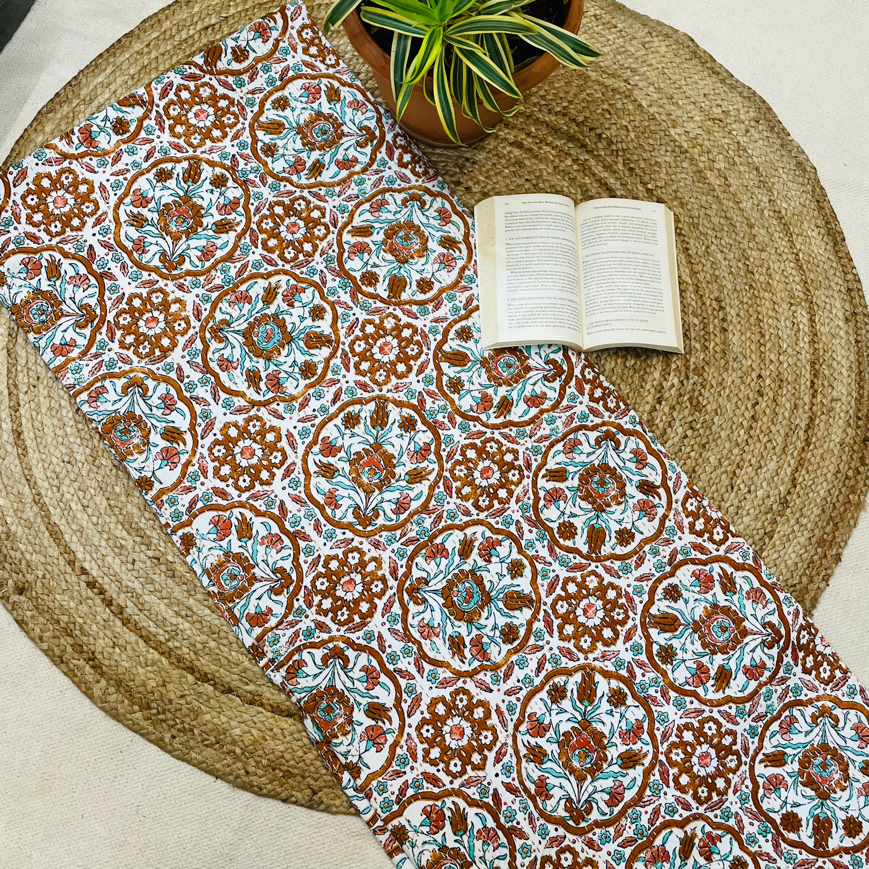 White and Brown Motif Kantha Bedcover | Handmade & Elegant