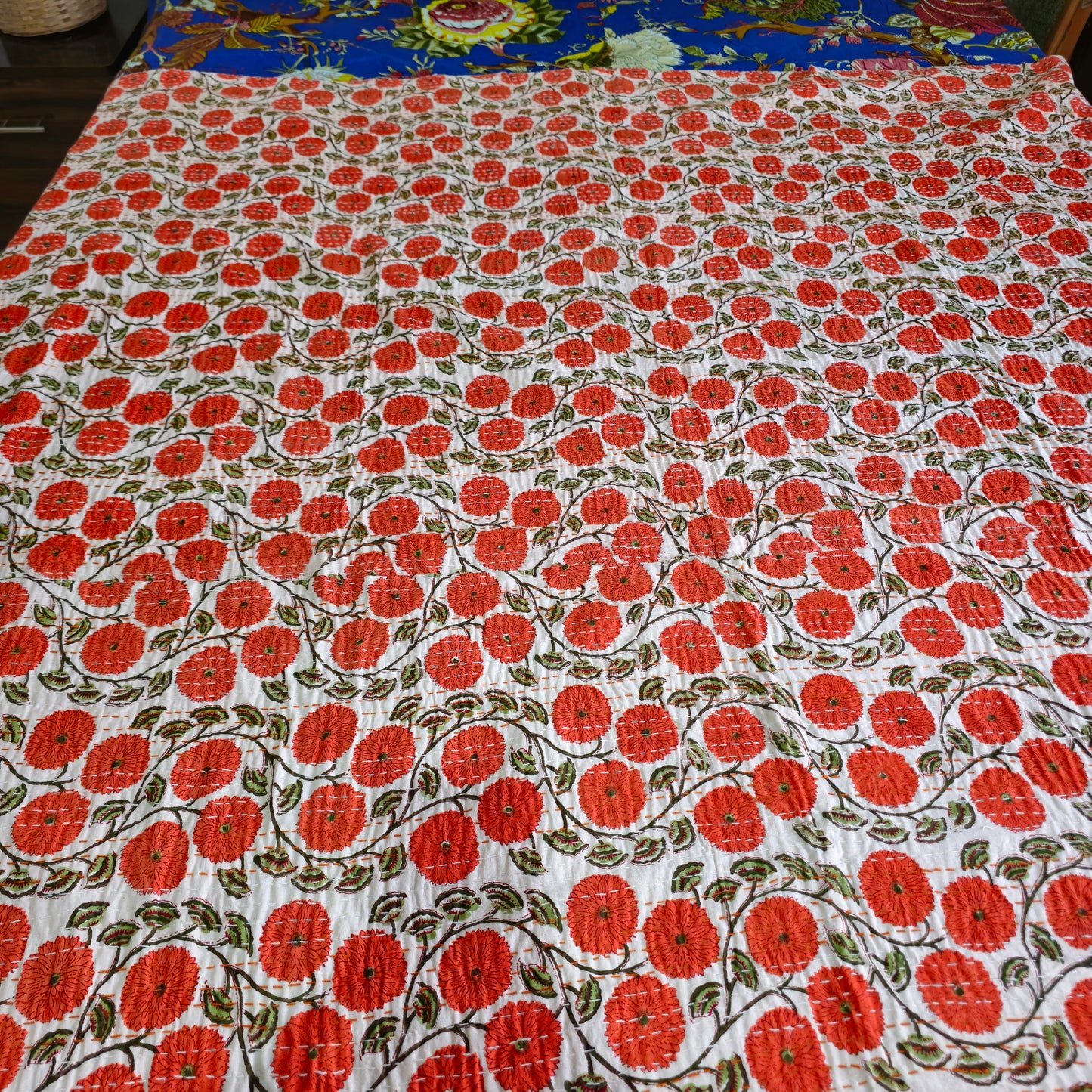 Orange Floral Kantha Work With Green Leaves Print King Size Bedcover