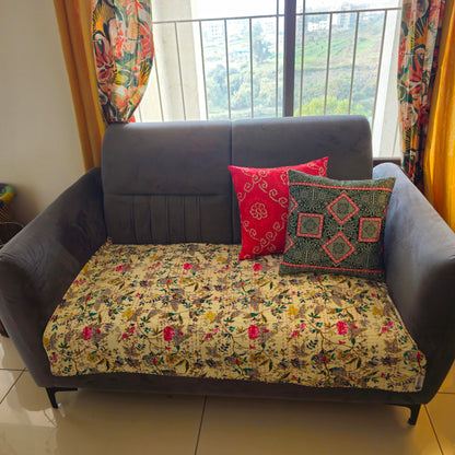 Beige Floral Kantha Sofa Cover – Handmade