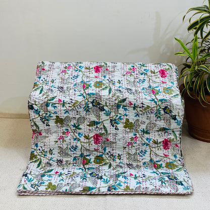 White Kantha Bedcover with Multicolor Floral Print | Handmade & Elegant