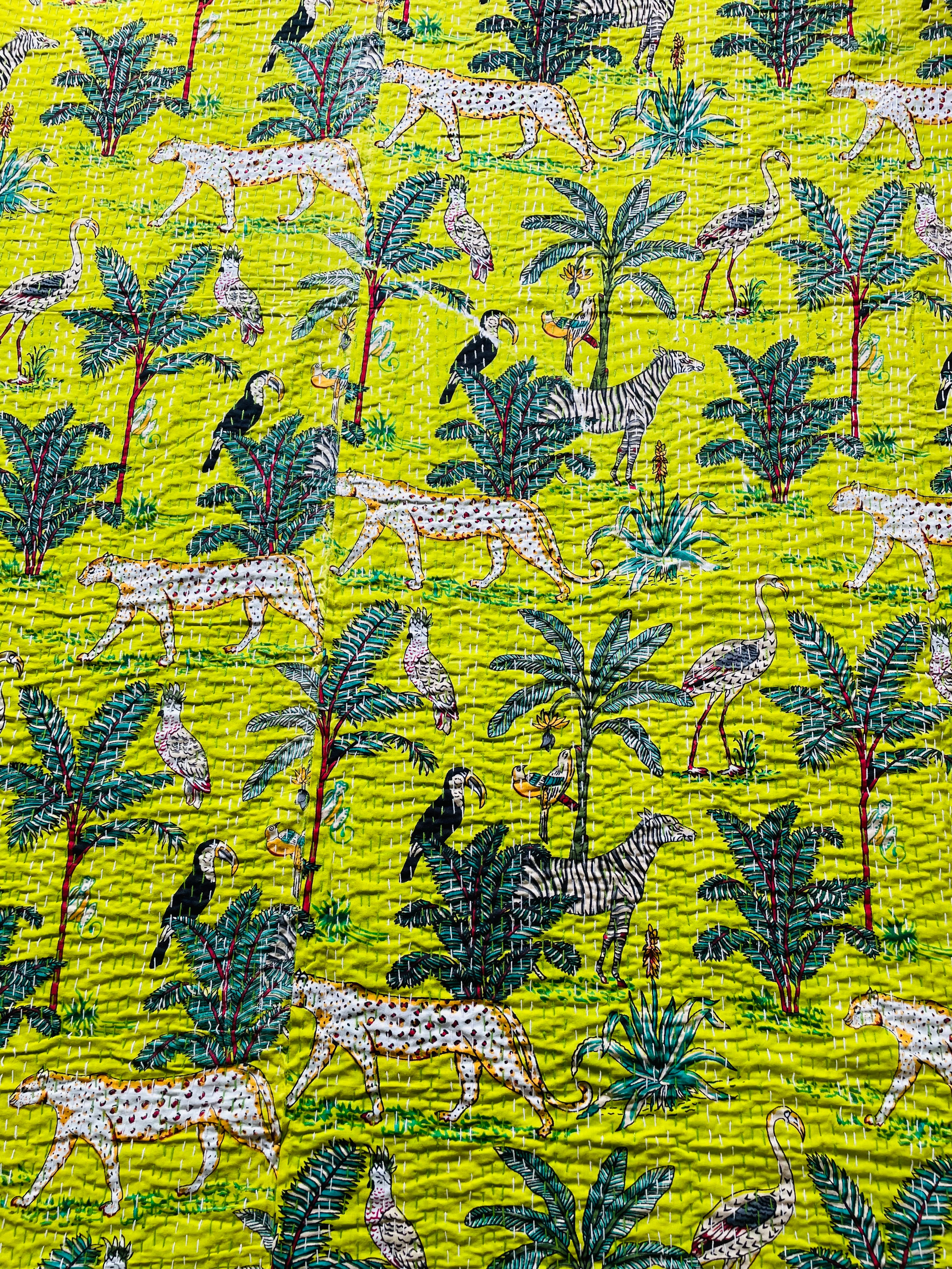Bright Green Animal Print Kantha Bedcover | Reversible & Handmade