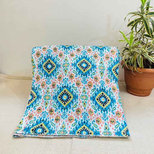 White and Sky Blue Diamond Print Kantha Bedcover | Handmade & Elegant