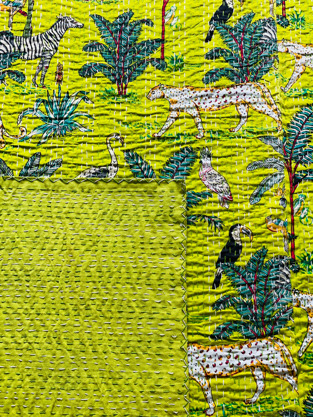 Bright Green Animal Print Kantha Bedcover | Reversible & Handmade