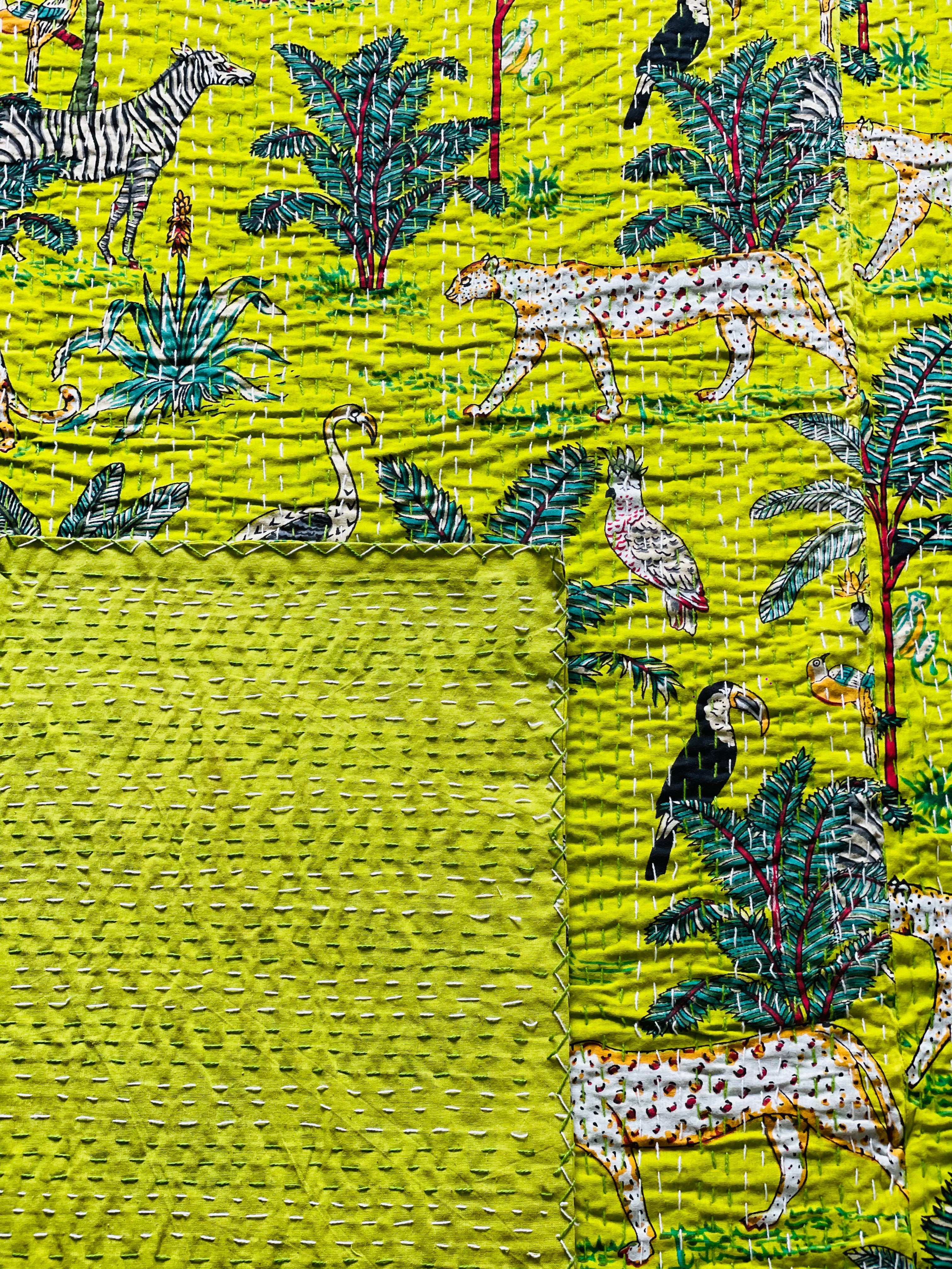 Bright Green Animal Print Kantha Bedcover | Reversible & Handmade