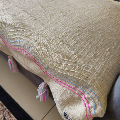 Handwoven Beige Slub Cotton Sofa Cover with Embroidered Waves and Tassels