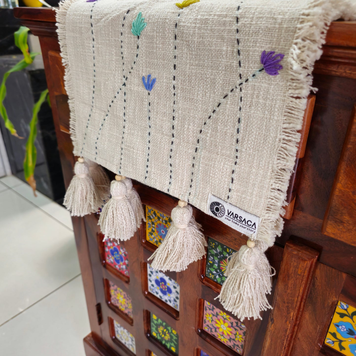 Handmade Kantha Work Slub Cotton Table Runner in Off-white Color with Embroidery and Hanging Tassels