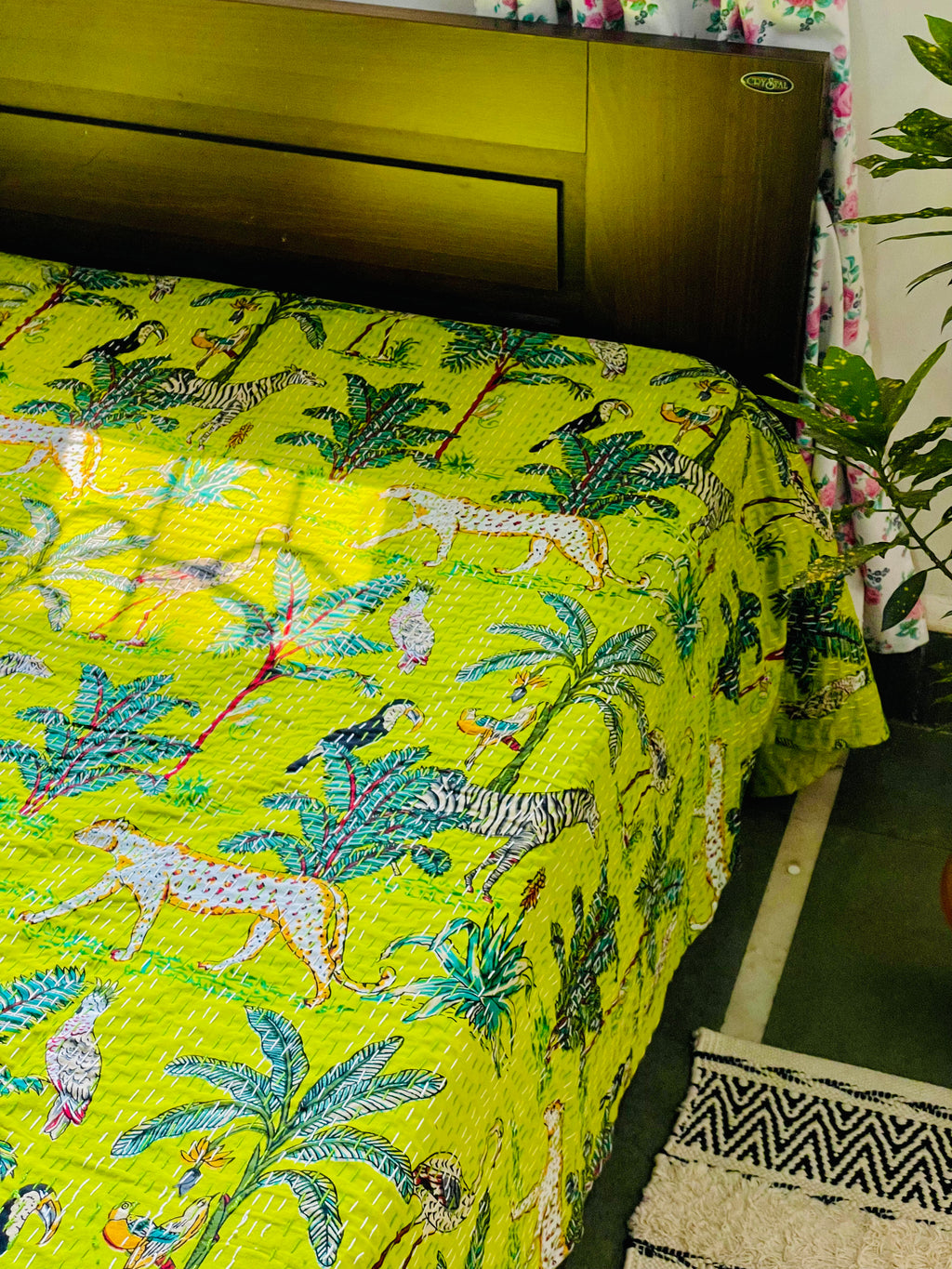Bright Green Animal Print Kantha Bedcover | Reversible & Handmade