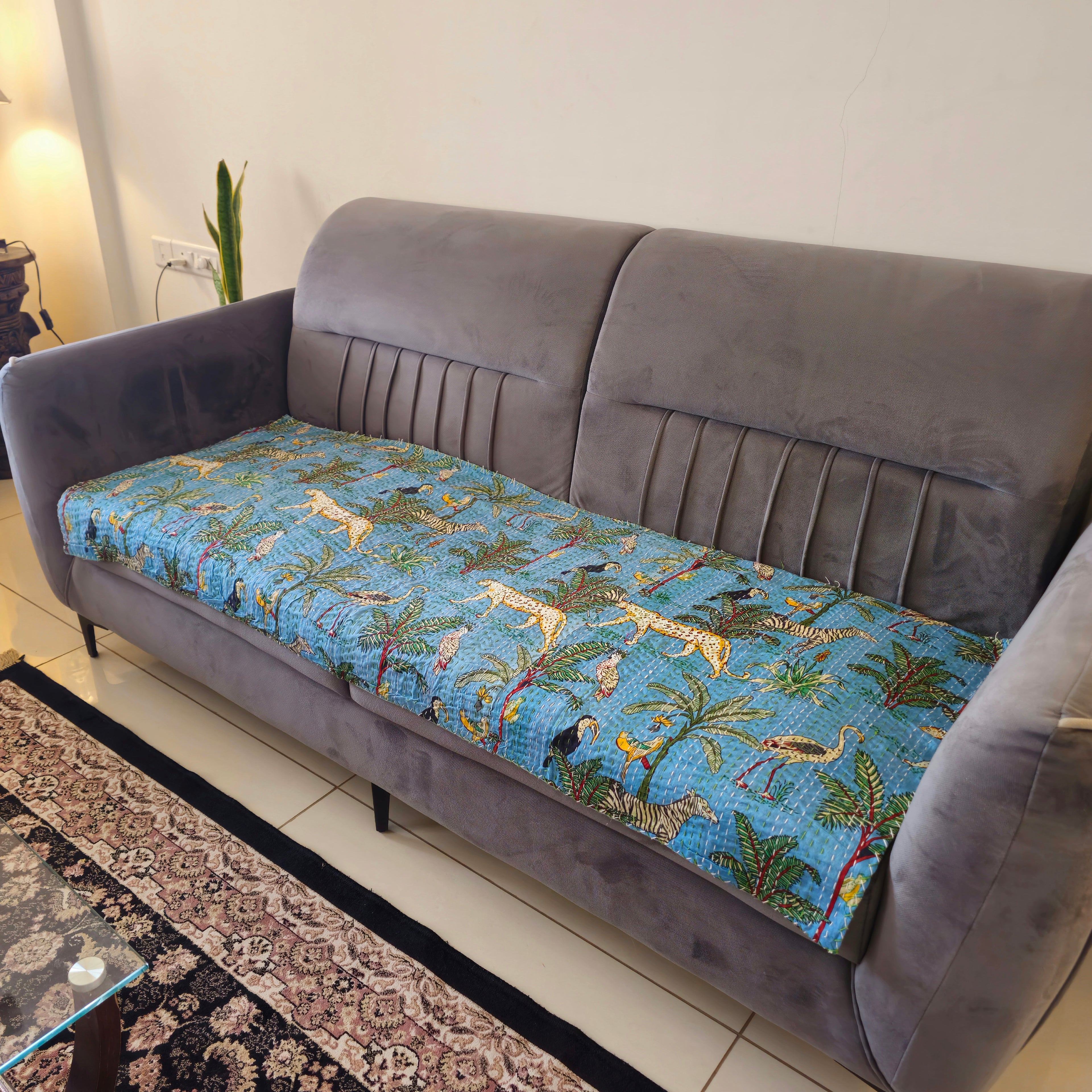 Blue Animal Print Kantha Sofa Cover