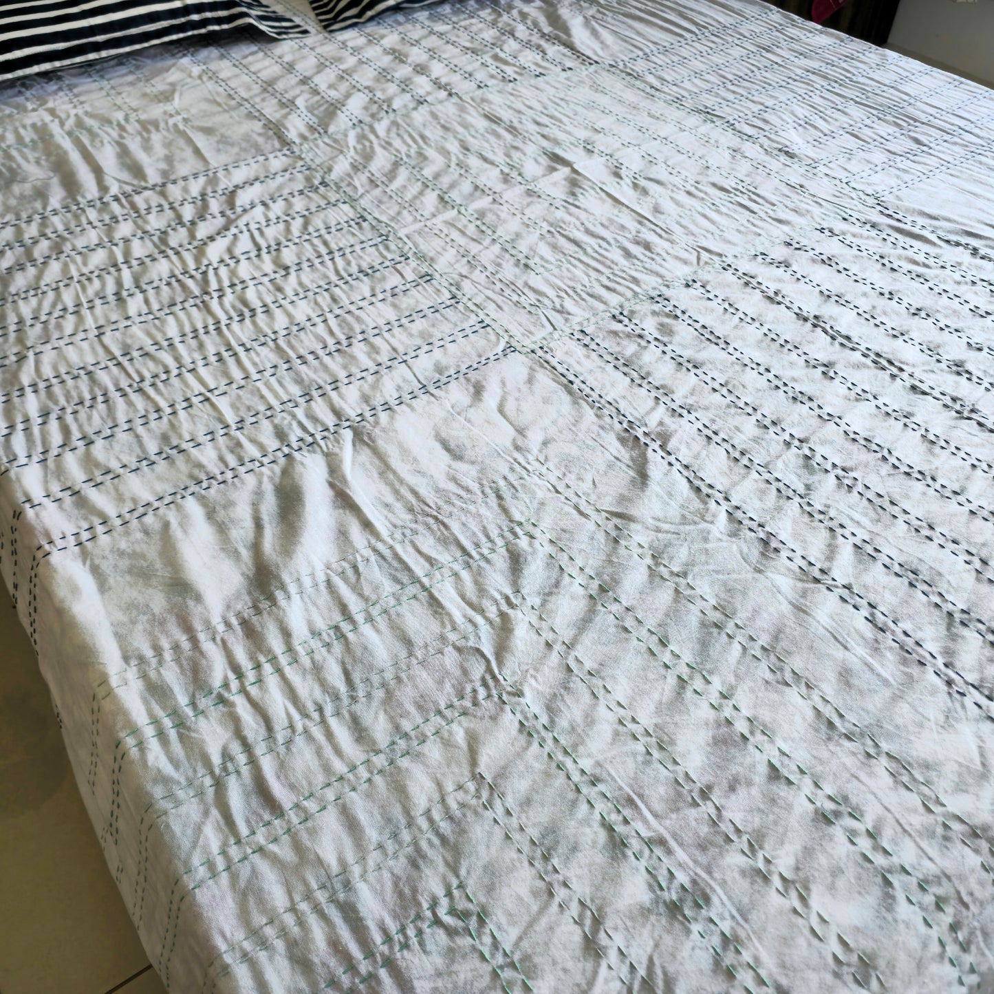 White Thread Work Kantha Bedsheet with 2 Pillow Covers – Pure Cotton