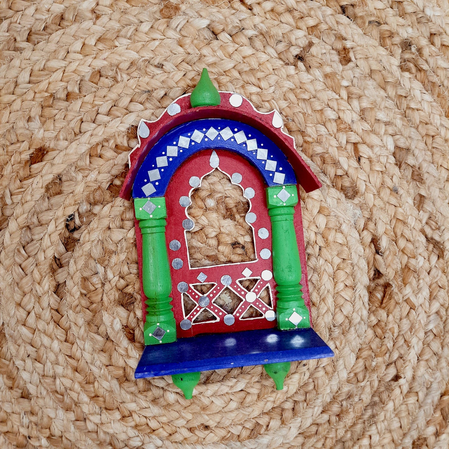 Handmade Wooden Mirror Work Red And Green Small Size Jharoka